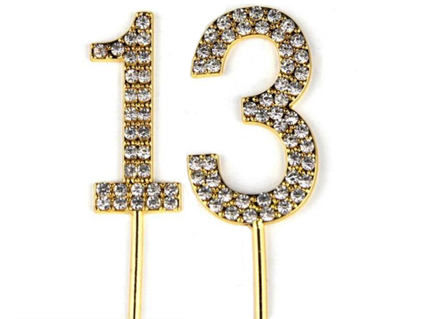 Number 13 Cake Topper 13th Baby Birthday/Wedding Anniversary Cupcake Topper Gold Alloy/Meta with Glitter Crystals Cake Decoratio1
