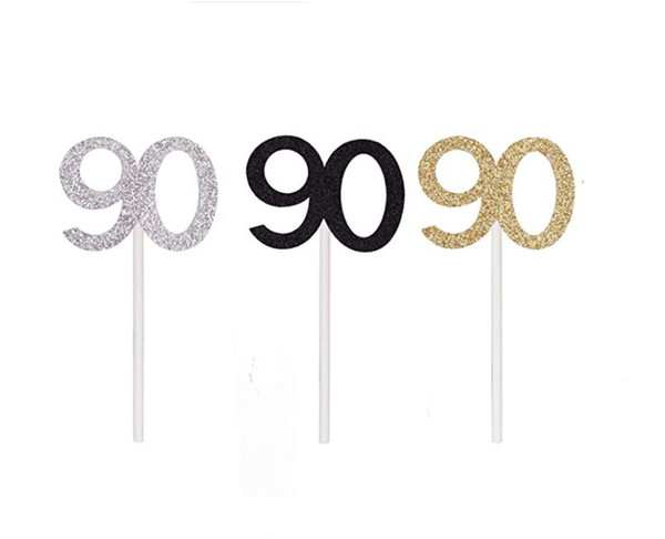 50pcs Golden Silver Black 90 Number Cupcake Toppers 90th Birthday Celebration Cake Decors Birthday Celebrating Anniversary Party Decor