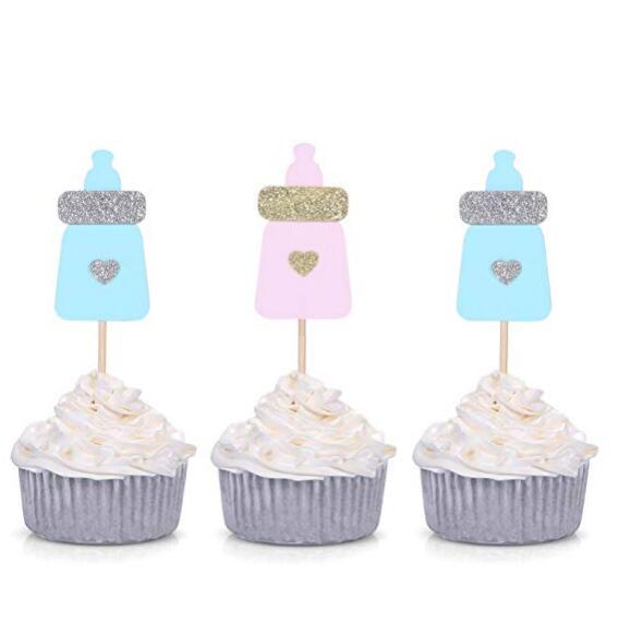20pcs Blue/Pink Milk Bottle Cupcake Toppers Baby Shower Party Decors Baby bottle Cake Decoration
