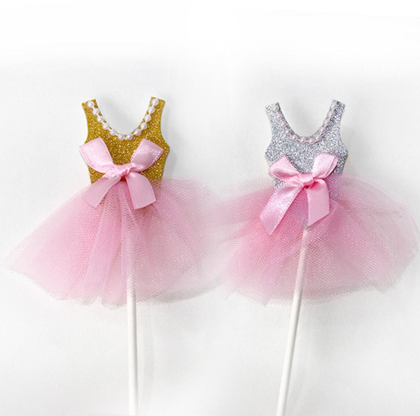 20pcs Gold Silver Pearl Veil Princess Dress Cupcake Baby Shower Cake Toppers Decoration Baby Birthday Party Supplies
