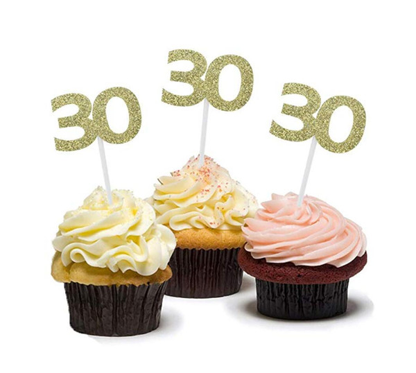 50pcs Golden Silver Black 30 Number Cupcake Toppers 30th Birthday Celebration Cake Decors Birthday Celebrating Anniversary Party Decor
