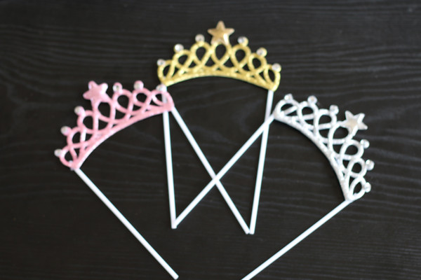 1pcs Gold Silver Pink Princess prince crown Baby Shower Cupcake Toppers Party Cake Decorations