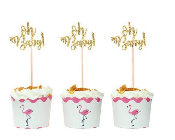 50pcs Glitter Gold Oh Baby Paper Cupcake Toppers for Kids Shower Party Cake Decoration