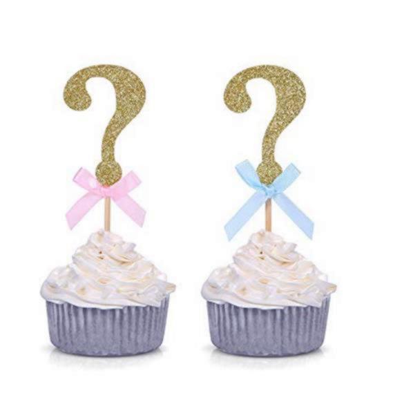 30pcs Gender Reveal Gold Glitter Question Mark Cupcake Toppers Cake Decoration