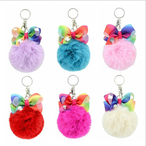 Keychain Colorfull Pompom Pendant Kids Bow Charm Jewelry Children Backpack Pendant Keyrings Key Chain Girls Car Bag Decor Key Holder C1531