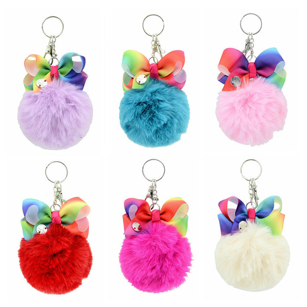 Keychain Colorfull Pompom Pendant Kids Bow Charm Jewelry Children Backpack Pendant Keyrings Key Chain Girls Car Bag Decor Key Holder LT1531