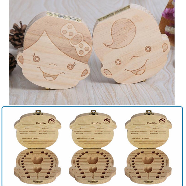 Baby Girl Boy Milk Teeth Box Wood Storage Organizer English Spanish German French Child Tooth Save Holder Casket for Children