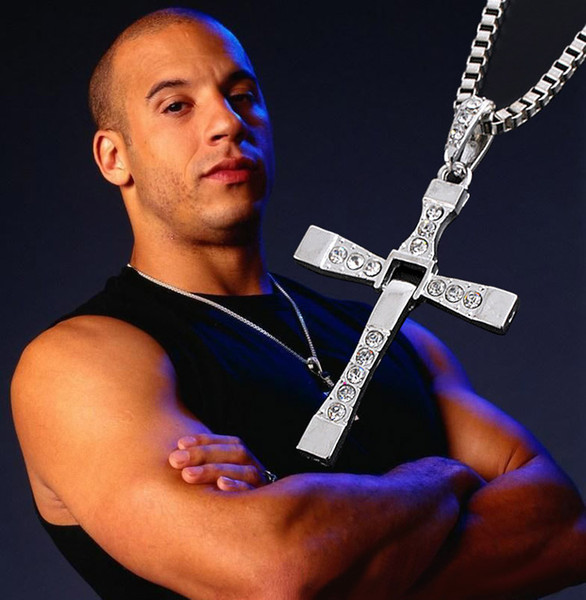 High Quality Big The Fast and Furious Cross Necklace The Fate of the Furious Dominic Toretto Alloy Diamond Pendant Silver Color Men Jewelry