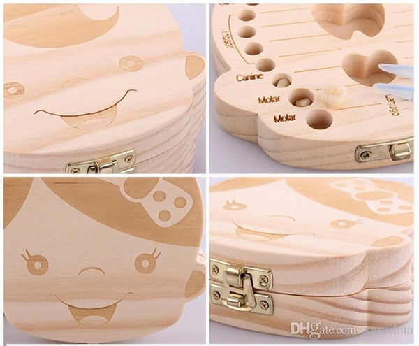 Baby High Quality Tooth Box organizer for baby Milk teeth Save Wood storage box for kids Boy Girl English Spanish Russian language