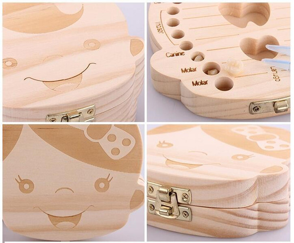 Wholesale Baby High Quality Tooth Box organizer for baby Milk teeth Save Wood storage box for kids Boy Girl English Spanish Russian language