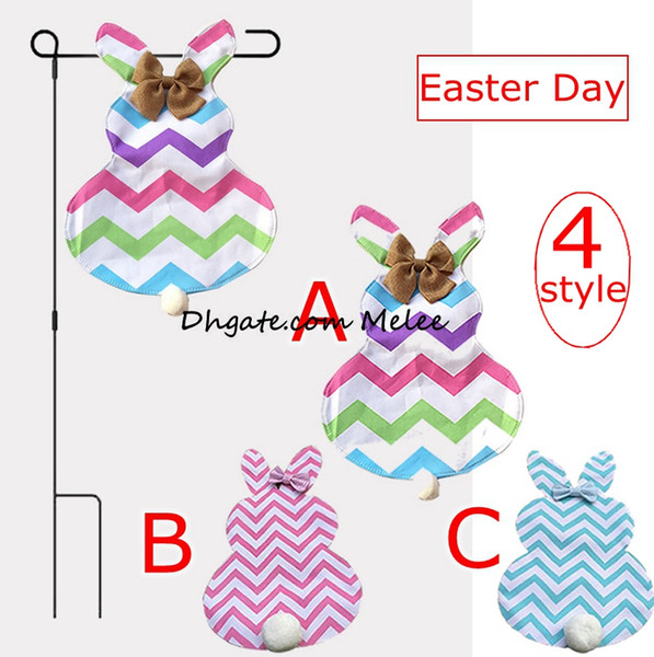 Diy Chevron Easter Bunny Flags Canvas Rabbit Garden Flag with Jute Bow Tie Easter Home Decoration Cute Bunny Shape Garden Flag 4styles free