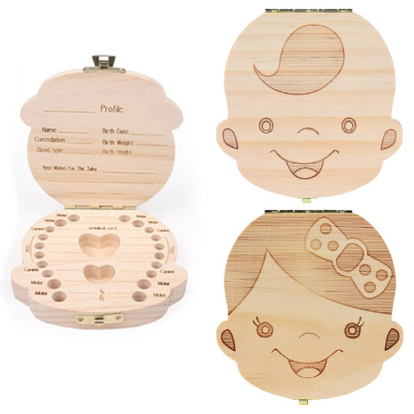 English Text Baby Boy Girl Fallen Tooth Box Storage Natural Wood Case Save Milk Teeth Collection Organizer Holder