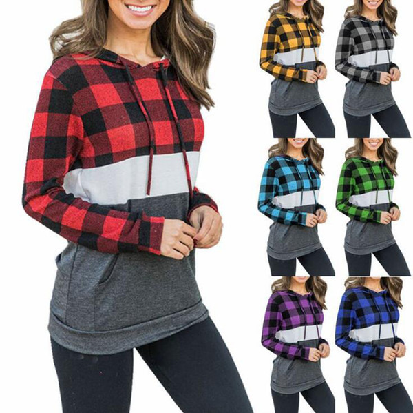 Women Plaid Patchwork Hoodie 7 Colors Buffalo Checked Hooded Sweatshirt Long Sleeve Pocket Pullover Girls Tops LJJO7436-15