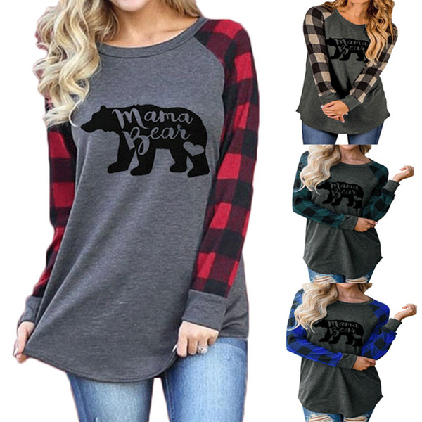 Plaid Mama Bear Shirt O Neck Long Sleeve Women T-shirt Letter Printed Top Tee 4 Colors 10pcs LJJO7218-3