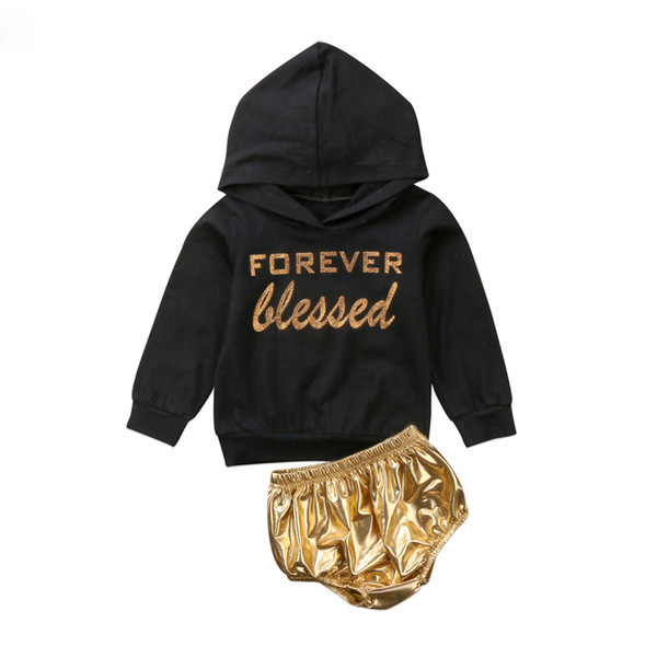 2pcs Set Newborn Toddler Baby Boy Girl Letter Hooded Tops Black Sweatshirt+High Waist Triangle Shorts Outfits Set Clothes