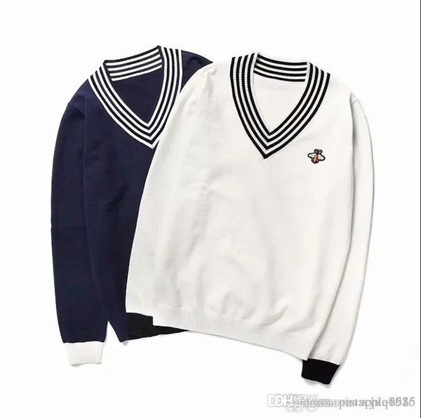Striped color V collar bee embroidered sticker winter new sweater casual wear casual student Sweater Girl