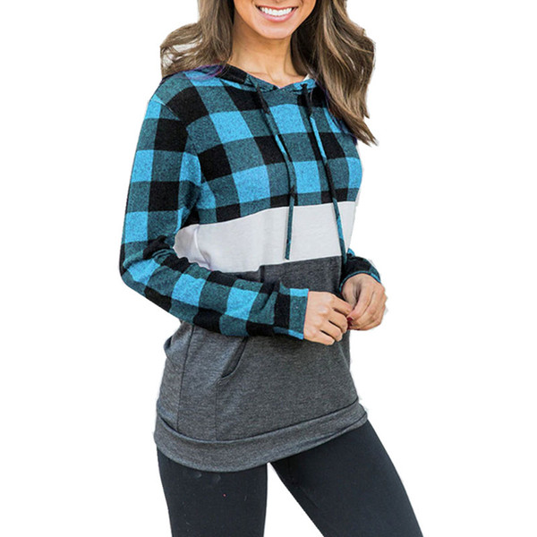 Women Plaid Patchwork Hoodie 7 Colors Buffalo Checked Hooded Sweatshirt Long Sleeve Pocket Pullover Girls Tops LJJO7436-11