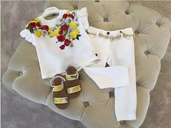 New Summer Brand Flower Kids Clothes 2 pcs Suits Children Baby girls clothing set 3-13Y girls clothes butterfly sleeve T-shirt+Pants