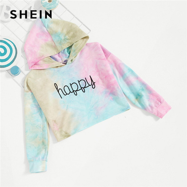 Shein Kiddie Letter Happy Print Tie Dye Cute Hoodies For Girls Tops 2019 Spring Korean Fashion Long Sleeve Sweatshirts For Girls