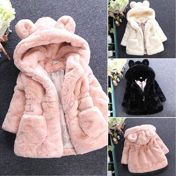 2019 Cute Sweat Soft Festival Baby Girl Coat With Fur Hood Wool Zipper Jacket Ears Pink Winter Autumn Fall 3 4 5 6 7 8 Years Old