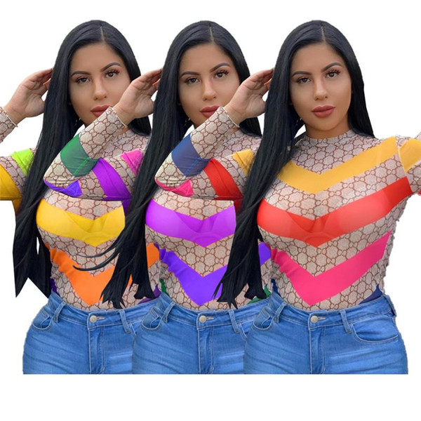 Women Design T Shirt Long Sleeve O-neck Grenadine T-shirt Patchwork Color Fashion T-shirts Pullover Fashion See-through Top Clothing S-2XL