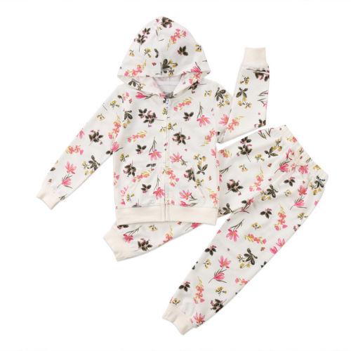 Toddler Baby Boy Girl Hooded Zipper Sweatshirt Tops Floral Pants Trousers Clothes Outfit Set 3-24M