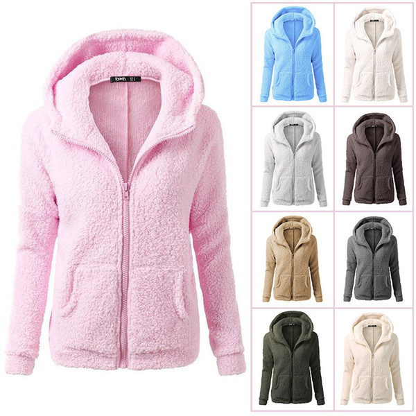 Women Fall Winter S-5XL Sherpa Outwear Coat Fleece Hoodies Jacket Thicken Plush Outdoor Warm Coats Plus Size Zip Hooded Sweatshirts C92609
