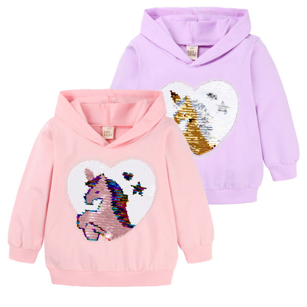 Little Horse Hoodies Magic Discoloration Sequin Cartoon paillettes Ins Fashion Glitter Unicorn Sweatshirts for Toddler Girls 2-7 Years