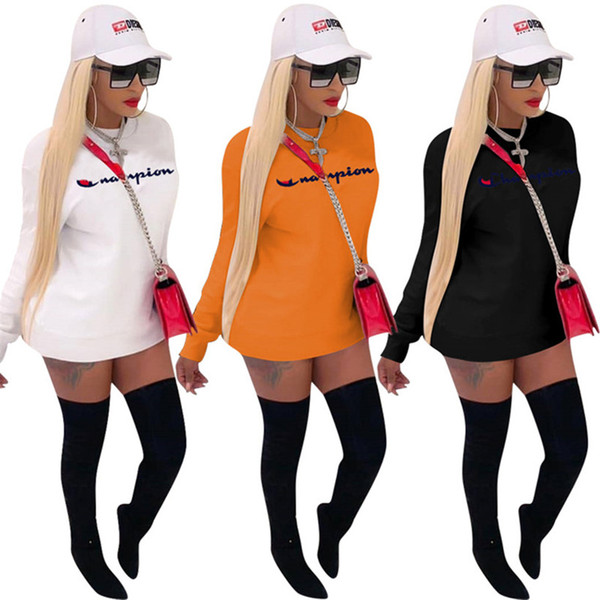 Women girls Champions Letter Dress Brand Long Hoodie Dresses Autumn Fall winter oversize Sweatshirts tops tee sweater Clothing Pullover