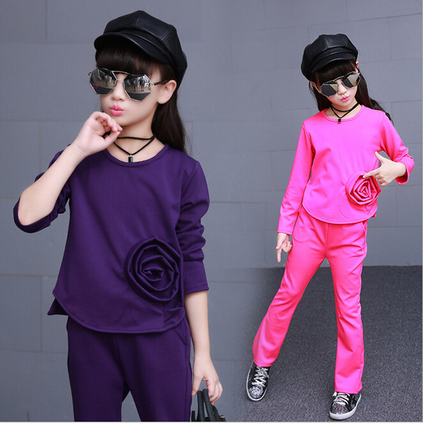 2017 New Rose Flowers T-shirt Top+Pants Suit Arrival Girls Clothing Set 2pcs/set Baby Girls Clothes Fashion Long-sleeved Pullover Sets