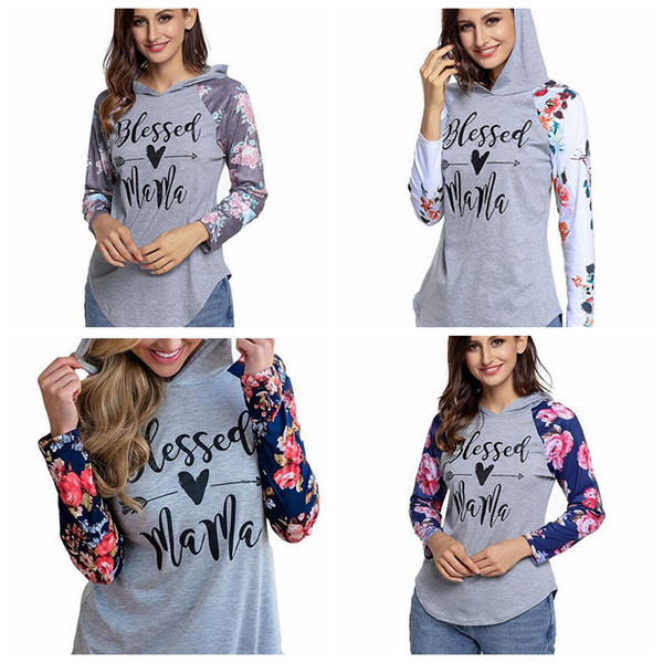 Blessed Mama Hoodie Floral Raglan Sleeve Hooded Sweatshirts Letters Prined T-shirts Pullover Patchwork Girls Gym Clothing OOA5658