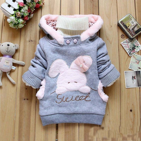 Girls bunny sweatshirts cartoon rabbit bear plush velvet fleece sweatshirt hoodie cute pullover outwear pink gray coat