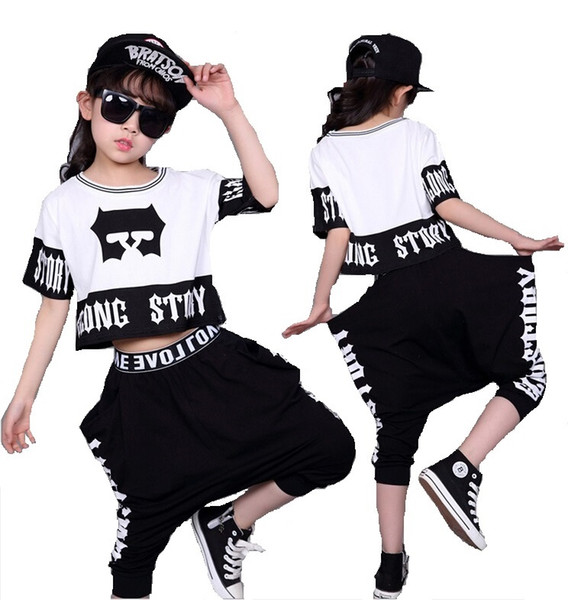 Children's Fashion Set Suits Kids Clothing Hip Hop Dance Sets Girls Short Sleeve T-shirt Top+Harem Pants 2 Pcs Jazz Costumes