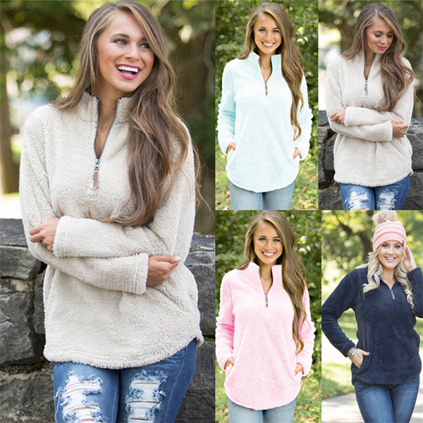 Women Soft Fleece Pullover Winter Autumn Hoodie Fashion Sweatshirt V-Neck Zipper Sweater Loose Casual Hoodies Sweatshirts Long Sleeve Tops
