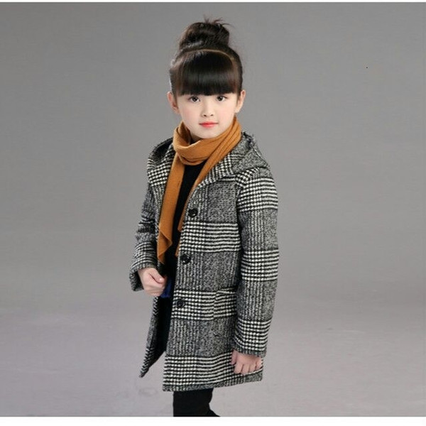 2019 Girls Autumn Fashion Plaid Woolen Coat Hooded Jacket WinterMX190916