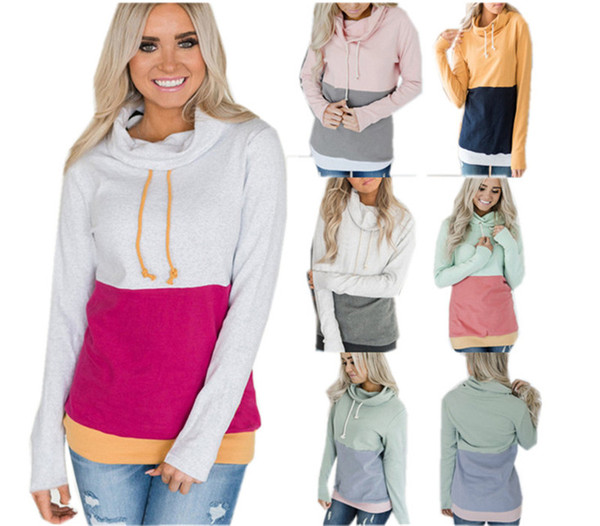 Women Patchwork Sweatshirt Hoodies Turtleneck Collar Stitching Pullovers Contrast Color Long Sleeve Autumn Winter Coat Jumper Tops S-3XL New