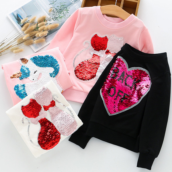 Baby Girls Sweatshirts Children Hoodies Two Cats Sequined Long Sleeve Sweater Autumn Winter Kids T-shirt Casual Tops