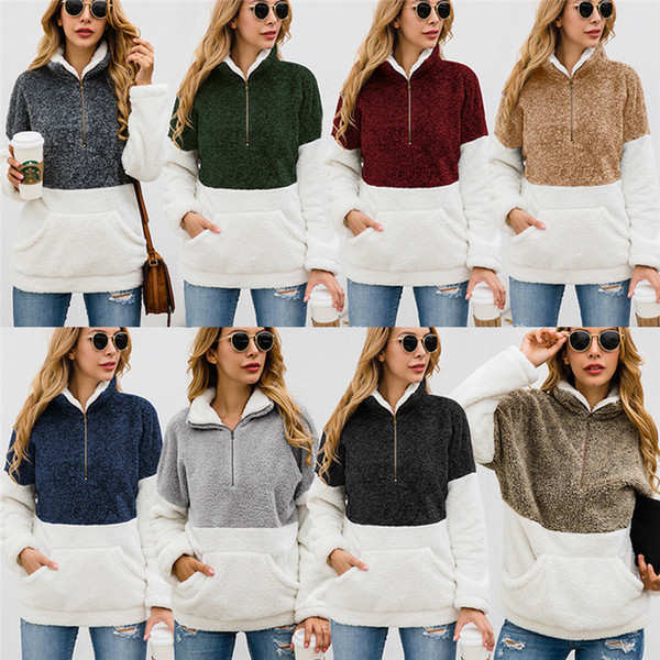 Sherpa Pullover Women Hoodies Winter Soft Fleece Sweatshirt Long Sleeve Sweater Turtleneck Zipper Hoodie Tops Patchwork Pocket 2019