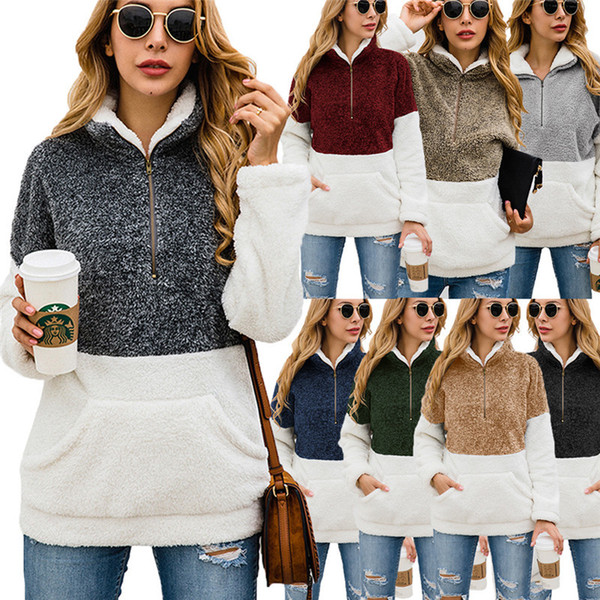 Sherpa Pullover Women Hoodies Winter Soft Fleece Sweatshirt Long Sleeve Sweater Turtleneck Zipper Hoodie Patchwork Pocket Sweatshirts New