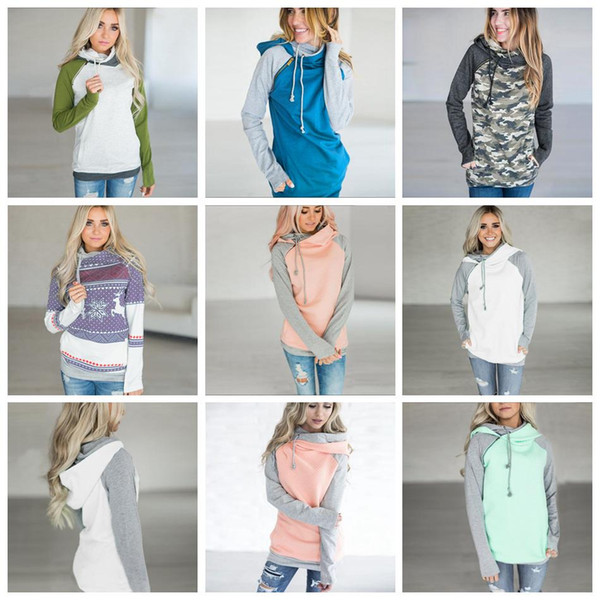 Side Zipper Hooded Hoodies Women Patchwork Sweatshirt 13 Colors Double Hood Pullover Casual Hooded Girls Tops 33pcs OA5359
