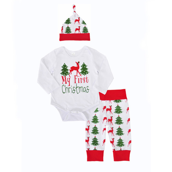 2017 Newborn baby Christmas outfits sets infant toddlers my 1st christmas day printing romper+long pants+hat 3pcs Baby suits