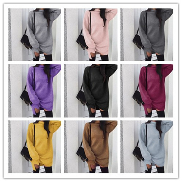 Women Girls High Neck Sweater Dress Autumn Winter Warm Solid Color Loose Knit Dresses Fashion Knitting Hoodie Turtlenecks Long Split Dress