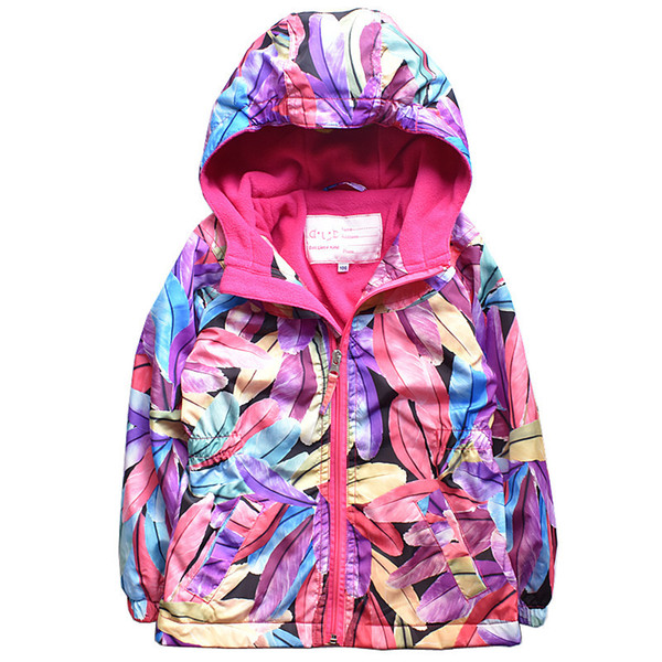Autumn Kids Clothes Girl Hooded Jacket Waterproof Outwear Girls Coat Floral Printing Plus Velvet Windbreaker Children's Jackets
