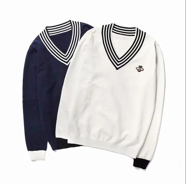 Striped color V collar bee embroidered sticker winter new sweater casual wear casual student Sweater Girl