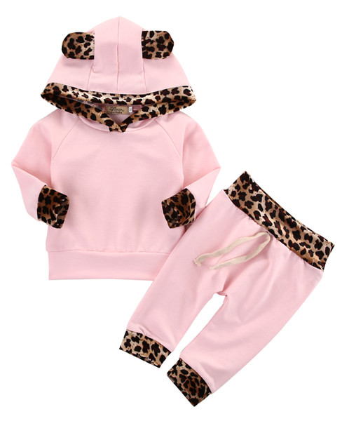 2Pcs Newborn Baby Girls Leopard Pink Long Sleeve Hoodie Sweatshirt+Long Pants Cotton Outfits Set