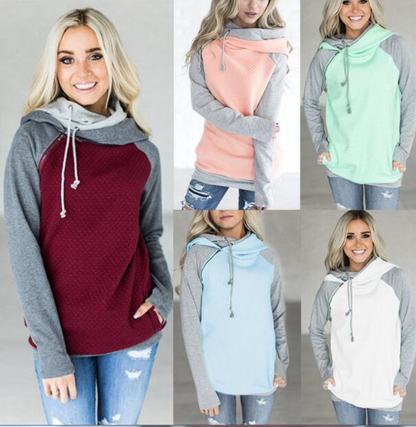 Double Color Zipper Stitching Hoodies Women Long Sleeve Patchwork Pullover Winter Women Jacket Sweatshirts Jumper Tops 10pcs