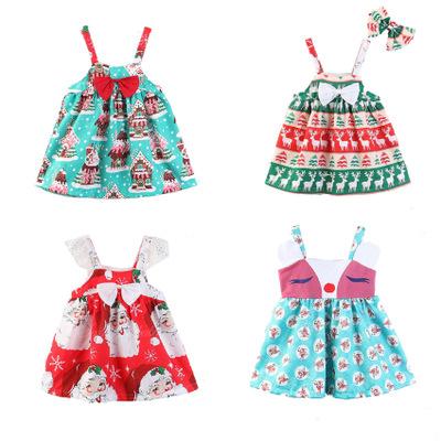 Baby Girls Christams Little Deer Print Dress Bowknot Santa Claus Elk Baby Spaghetti Party Dress New Year 2-6T Clothing Clothes 6 Colors