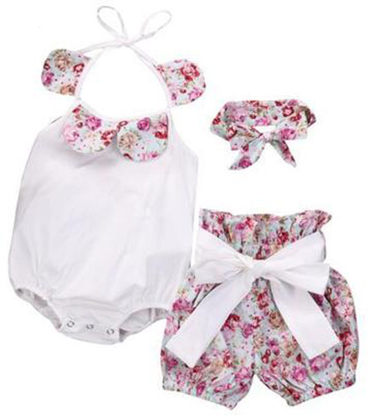 3 Styles INS Baby Flower Rompers+Hair band+PP pants Girl Print Cotton sleeveless romper with Bow Girls Ruffled Jumpsuit