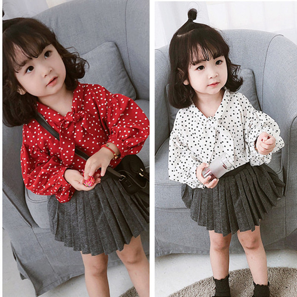 WLG girls spring autumn dot printed shirts kids casual white red bow shirt baby casual all match tops children clothes 2-7 years