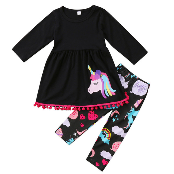 2018 Baby Girl Unicorn Sets Girls Tassel Dresses Long Sleeve Top+ Unicorn Print Pants Rainbow Legging 2 pcs set Kids Outifits Z11